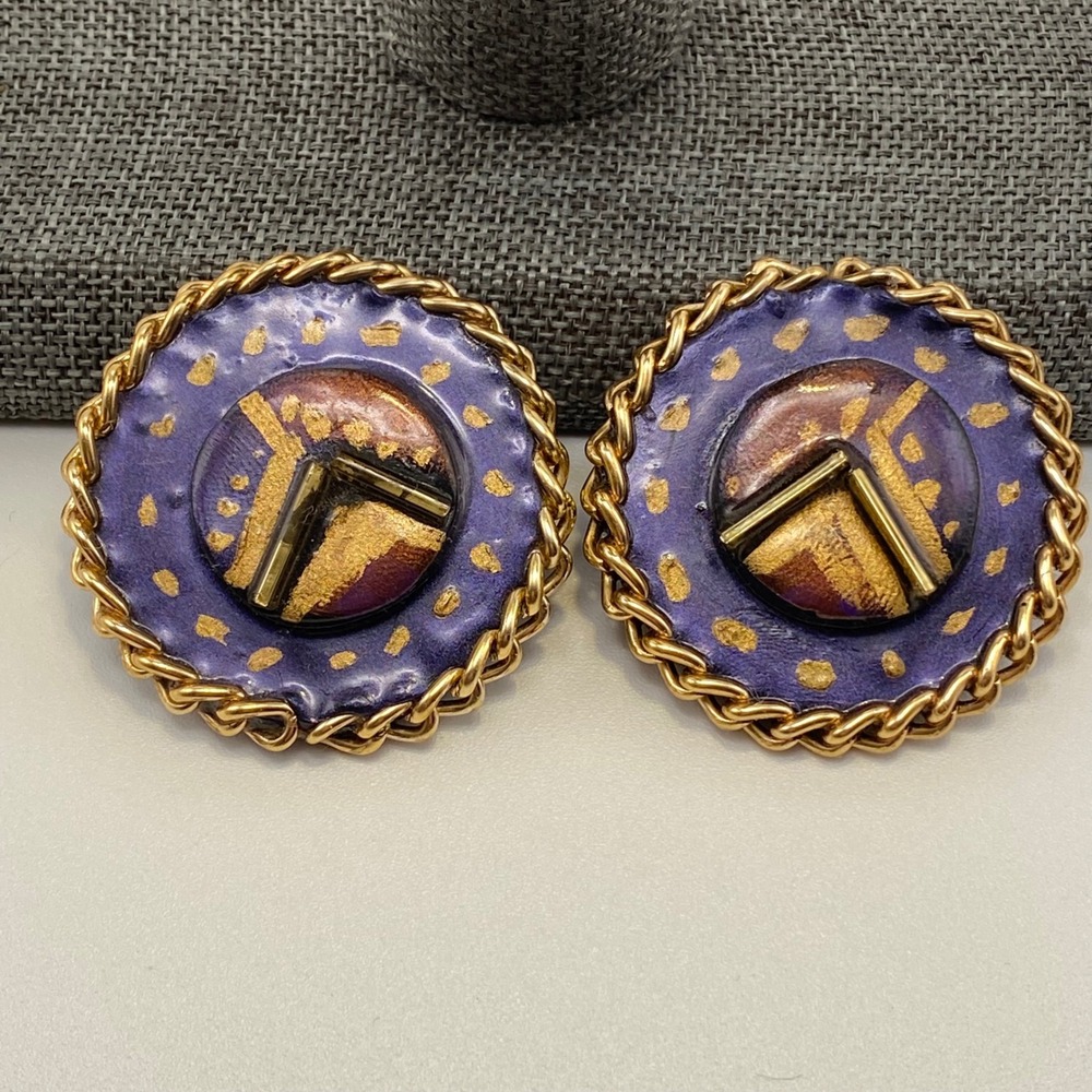 Vintage Clip On Earrings Gold Tone Metal 80s Purple Gold Foil Abstract Round 1"